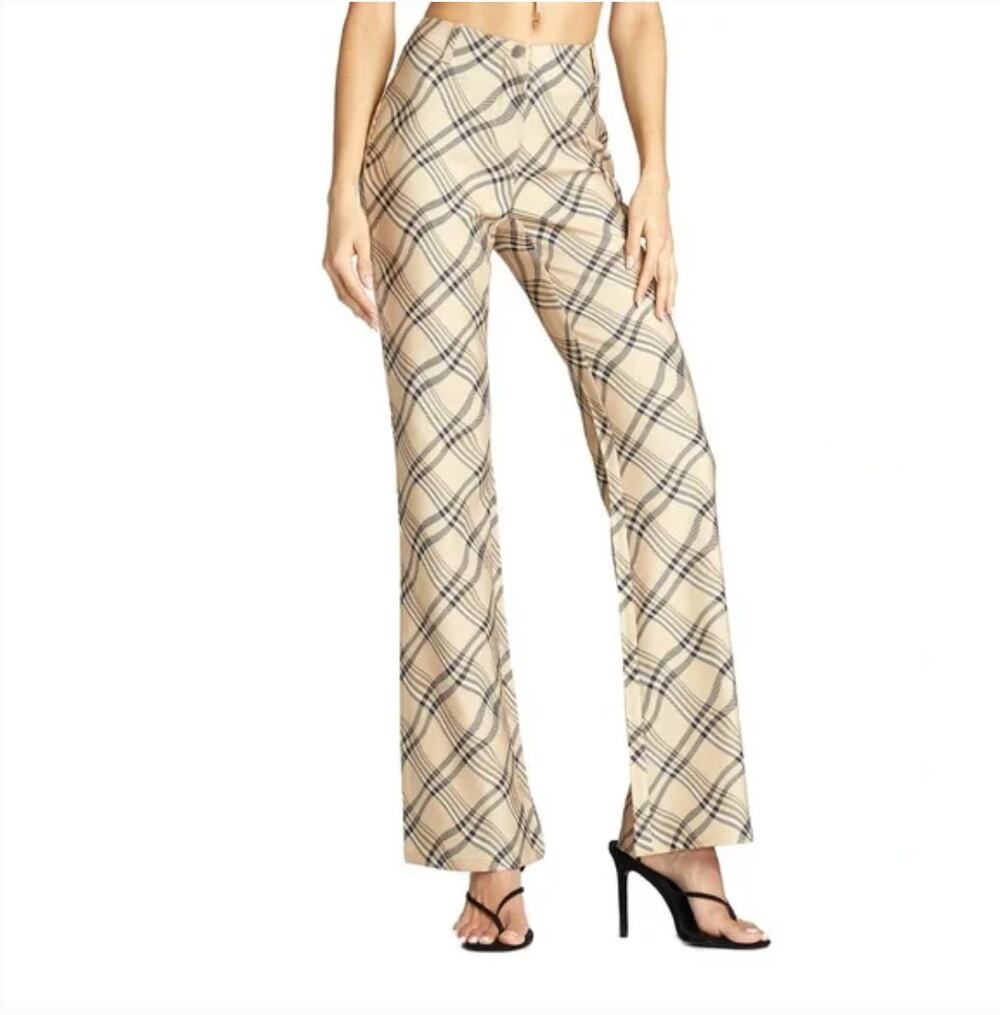 Cider Wavy Tan & Black Plaid Wide Leg Flared Pants XS Extra Small Y2k Retro